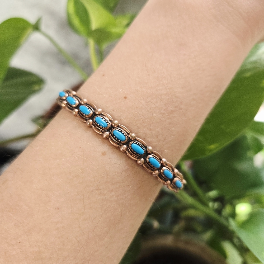 Vintage Navajo Native American Solid Copper Turquoise Dainty Cuff Bracelet